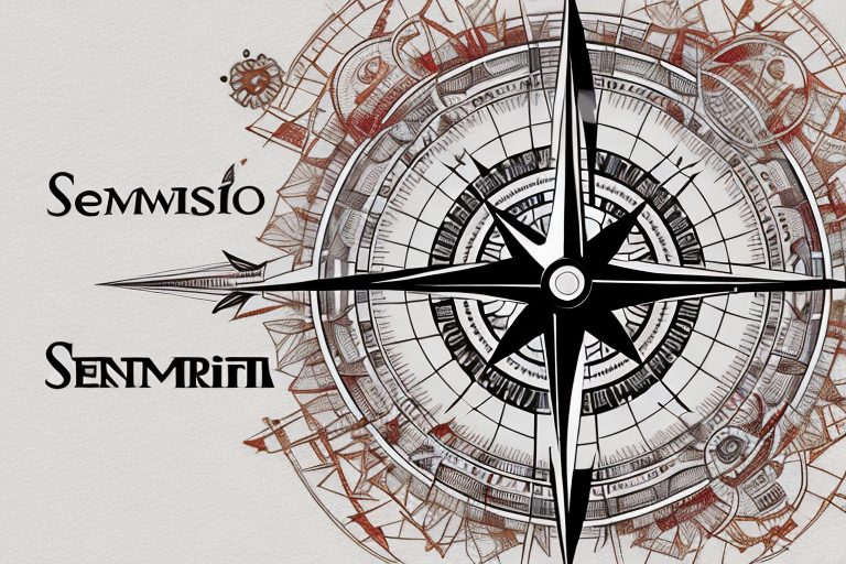 A compass with its needle pointing towards the word "sempre" in the center