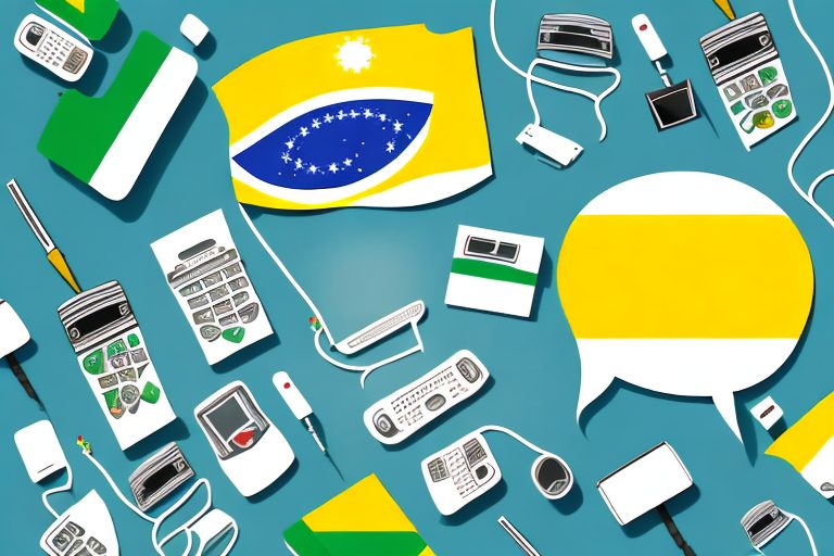 A telephone and a speech bubble containing the brazilian flag