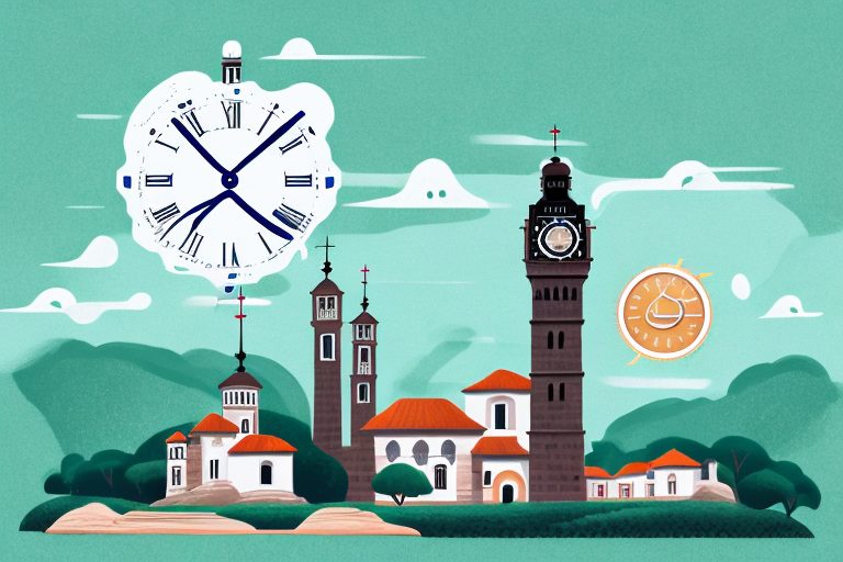 A scenic portuguese landscape with a clock tower striking the hour