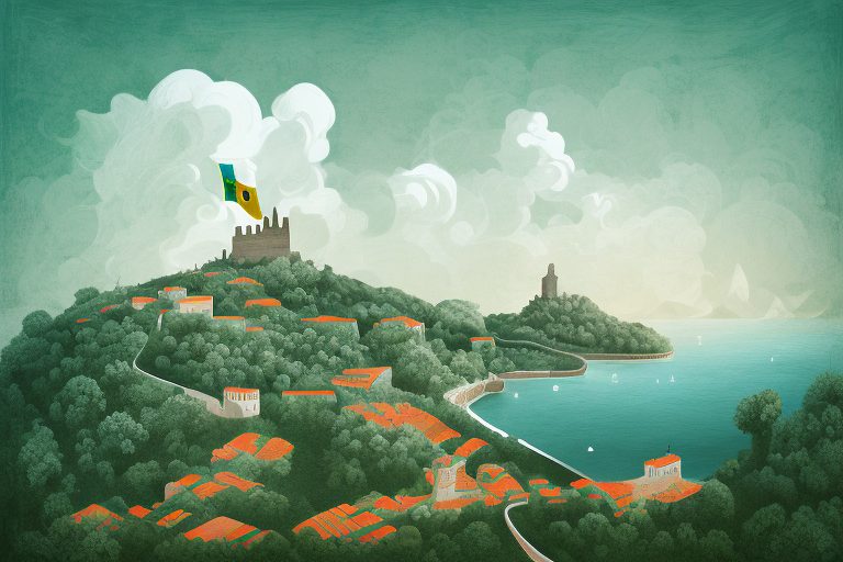 A portuguese landscape with a symbolic representation of the name 'rui' such as a crown (since rui means 'king' in portuguese) subtly incorporated into the scenery