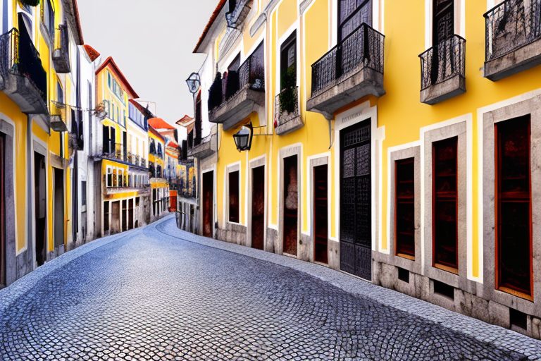 A typical portuguese street (rua) showcasing traditional architecture and cobblestone pavement