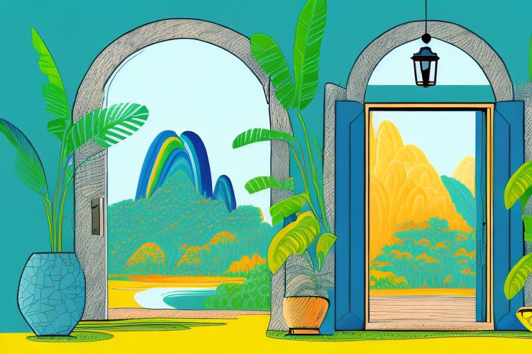 A welcoming door partially open with a vibrant brazilian landscape visible through the gap