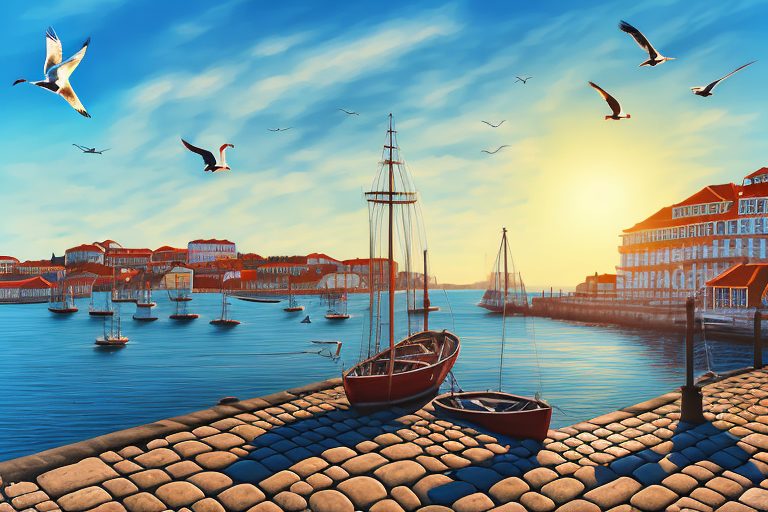 A serene portuguese dockside ("cais" in portuguese) at sunset