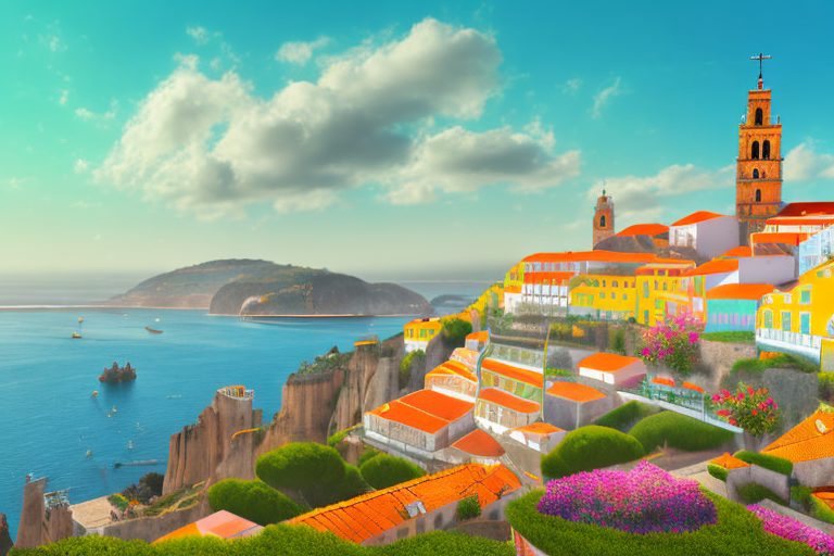 A colorful portuguese landscape with prominent landmarks