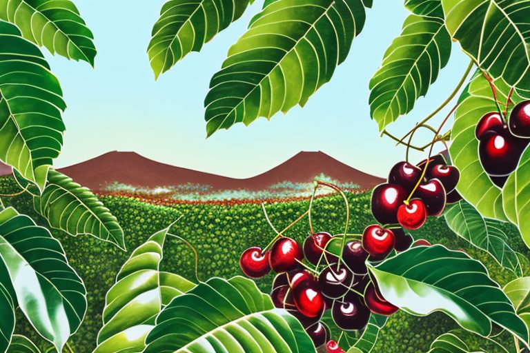 The kona coffee plant with its ripe red cherries against the backdrop of a scenic portuguese landscape