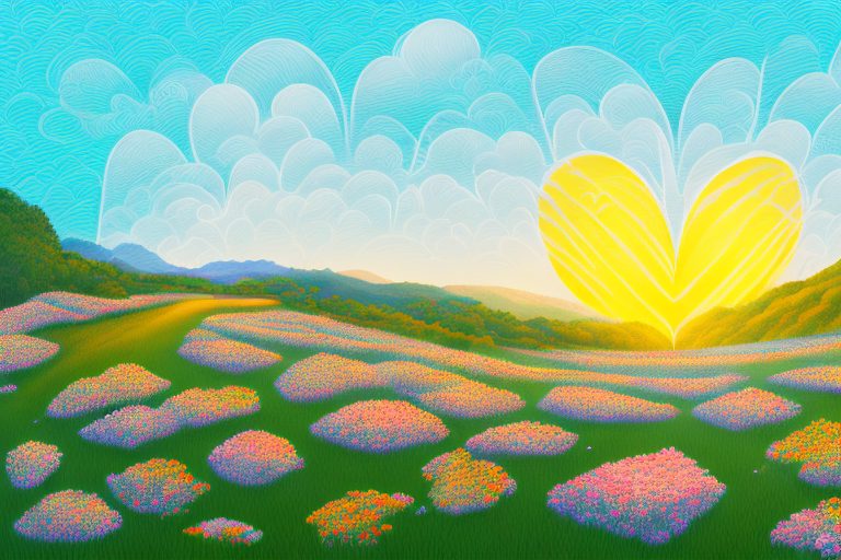 A beautiful portuguese landscape with blooming flowers and a heart-shaped sunset