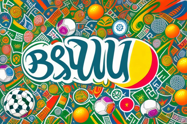 A colorful speech bubble filled with various symbols and icons representing brazilian culture