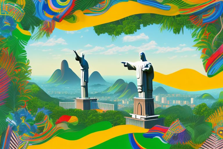 A colorful landscape featuring iconic brazilian symbols such as the christ the redeemer statue