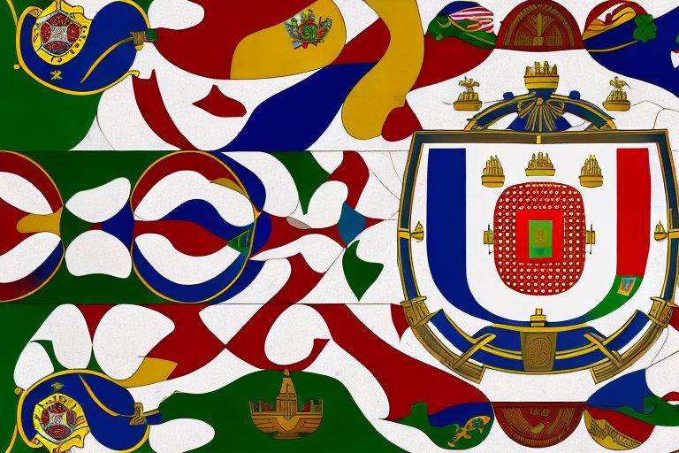 A symbolic representation of the portuguese flag with various abstract elements that suggest communication