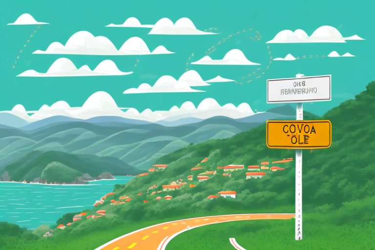 Several distinctive portuguese road signs in a scenic landscape with hills