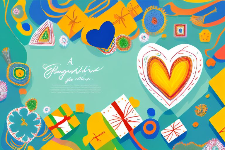 A vibrant brazilian landscape with symbolic items like a gift box and a heart to represent gratitude and the concept of saying 'thank you'