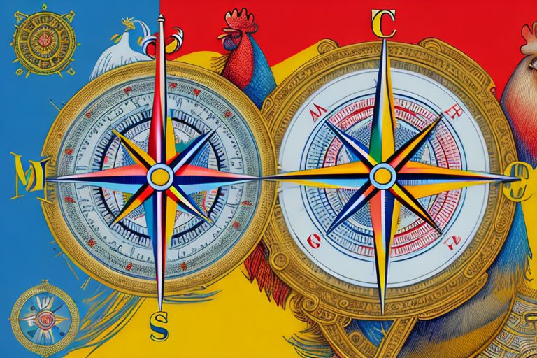 A vintage compass surrounded by iconic portuguese symbols like a caravel ship