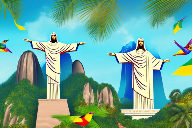 The famous christ the redeemer statue with vibrant tropical birds flying around it