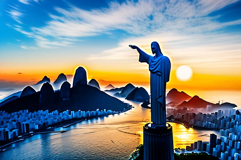 A sunset over the iconic christ the redeemer statue in rio de janeiro