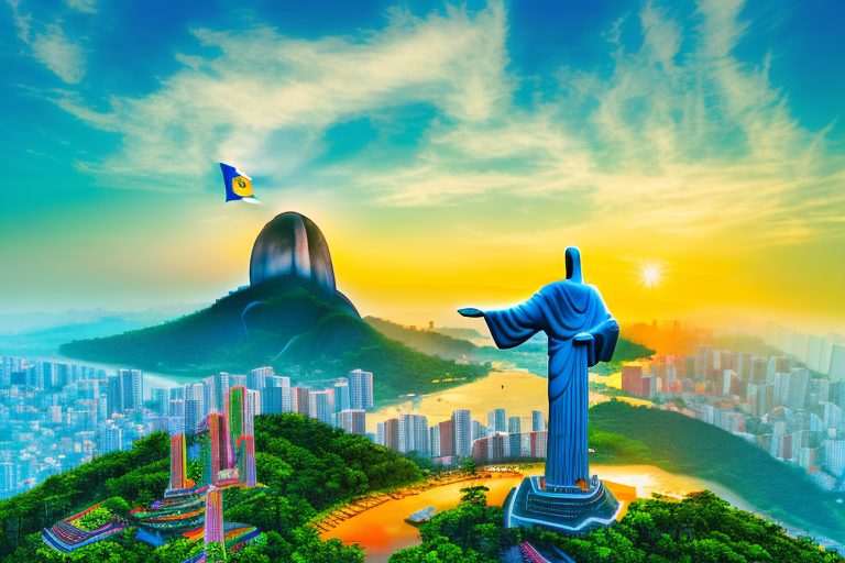 A picturesque brazilian sunrise with iconic landmarks like the christ the redeemer statue and sugarloaf mountain