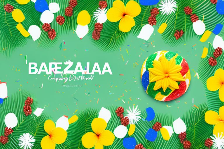 A festive scene featuring traditional brazilian elements like tropical flowers