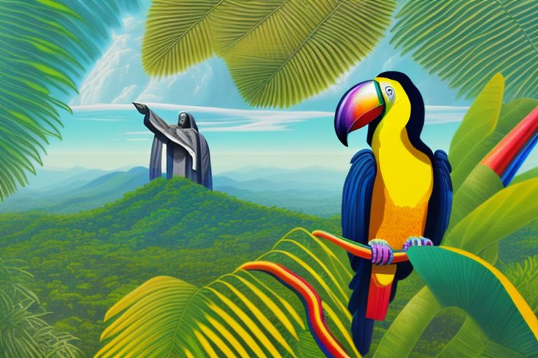 A vibrant and colorful brazilian landscape with symbolic elements like the christ the redeemer statue