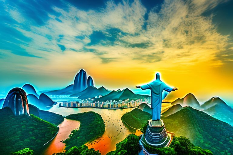 The iconic christ the redeemer statue with a background of lush amazon rainforest and a vibrant sunset