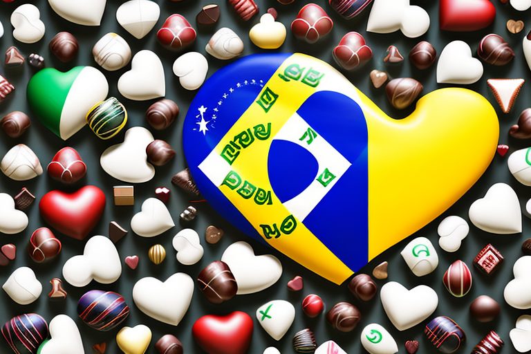 A heart-shaped brazilian flag intertwined with typical symbols of affection such as roses and chocolates