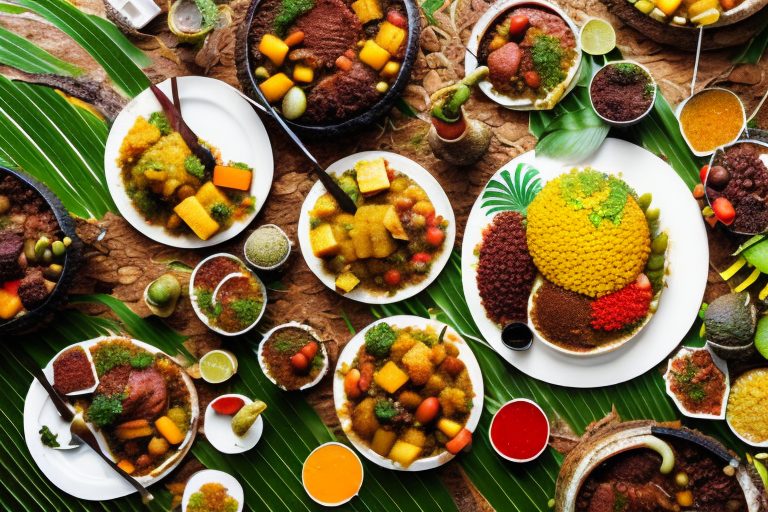 A traditional brazilian meal with various colorful dishes like feijoada