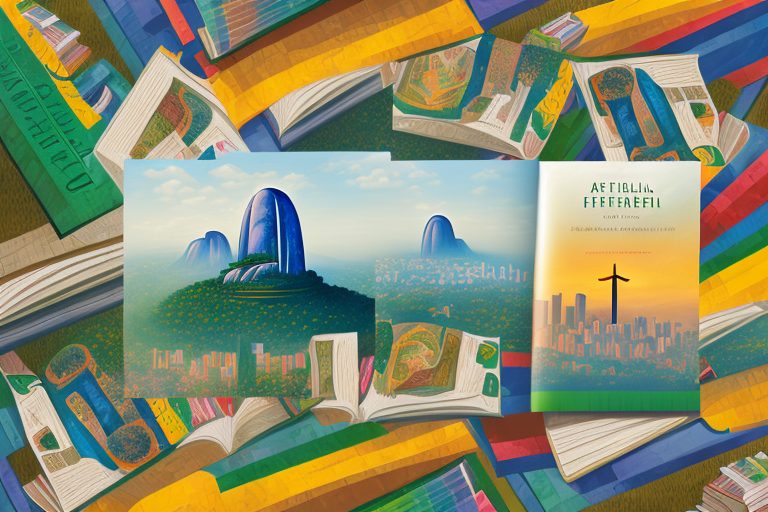 A pile of colorful books with iconic brazilian landmarks like christ the redeemer and the amazon rainforest subtly integrated into the book covers