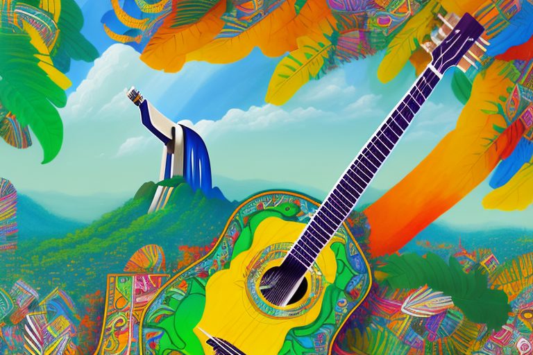 A vibrant and colorful scene featuring iconic brazilian symbols such as the christ the redeemer statue