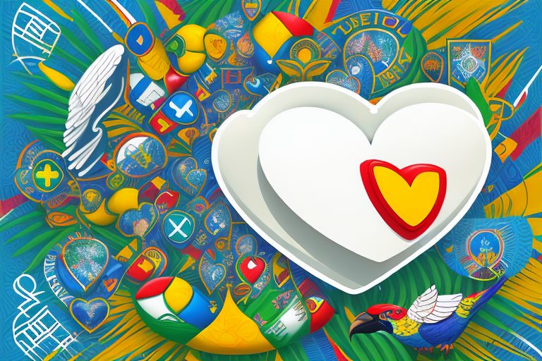 A heart-shaped speech bubble filled with various cultural symbols of brazil