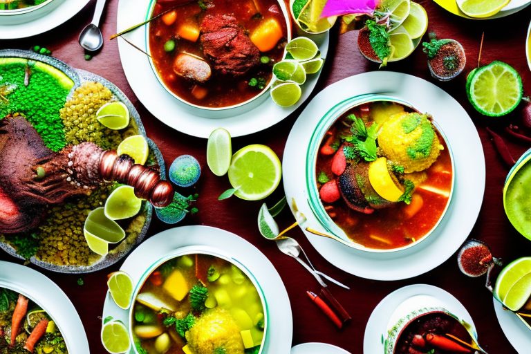 A vibrant brazilian dinner table setting with traditional food like feijoada