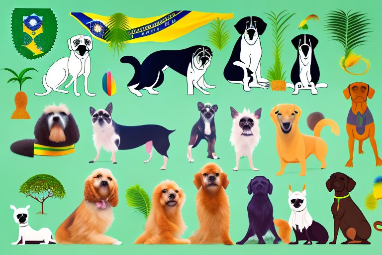 A variety of popular brazilian dog breeds interacting in a vibrant brazilian landscape